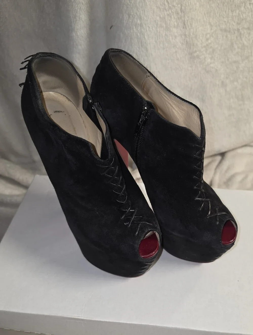 Christian Louboutin Recouzetta 160 Peep Black Suede Ankle Boots - Size 38